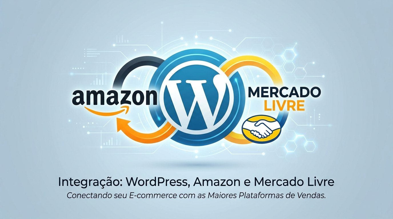 Logos do WordPress, Amazon e Mercado Livre se conectando, simbolizando integração de e-commerce