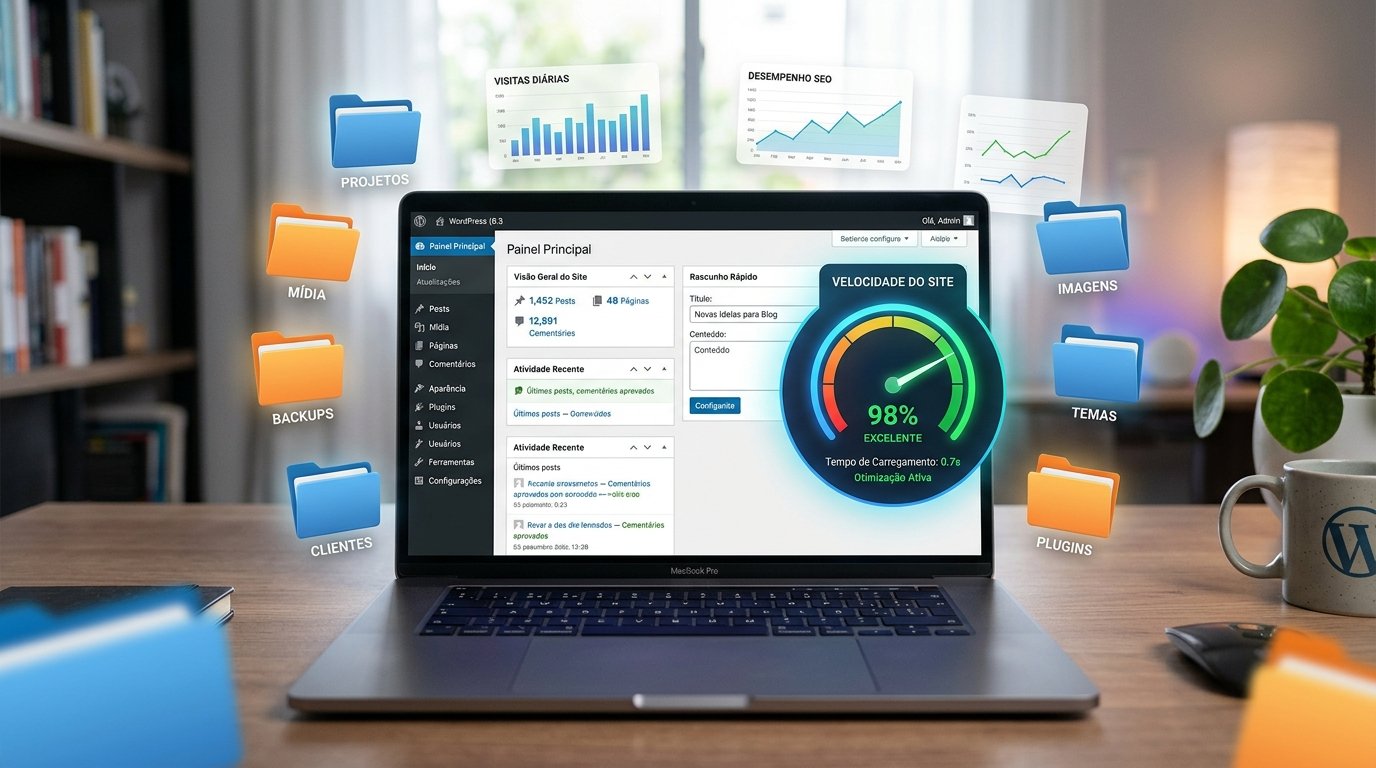 Painel do WordPress limpo e organizado com indicador de velocidade