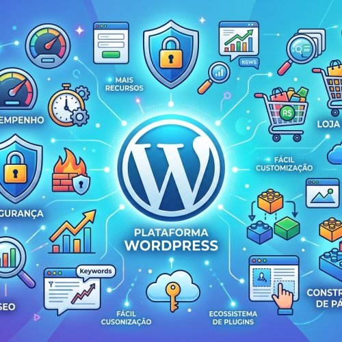 Coleção de ícones de plugins WordPress essenciais flutuando ao redor do logo do WordPress.