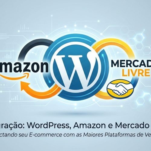 Logos do WordPress, Amazon e Mercado Livre se conectando, simbolizando integração de e-commerce