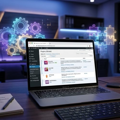 Painel de controle do WordPress focado na seleção e gerenciamento seguro de plugins