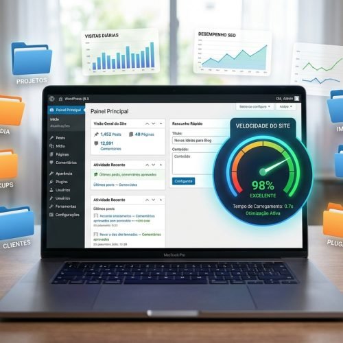 Painel do WordPress limpo e organizado com indicador de velocidade